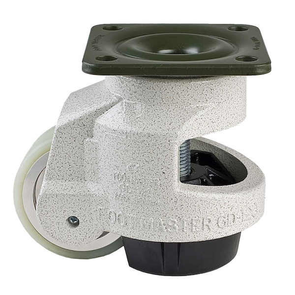 Leveling Caster, 75 mm Polyurethane Wheel, 95x95 mm Plate, Swivel, 1000 kg Cap, Al Foot Pad, Ivory